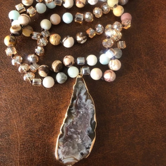 Beaded Raw Solar Quartz Crystal Pendant Necklace - Picture 5 of 12